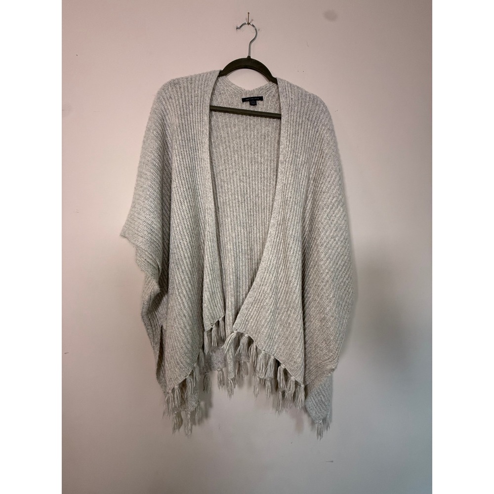 American Eagle Women One Size Gray Ribbed Knit Fringe Open Front Poncho Cardigan